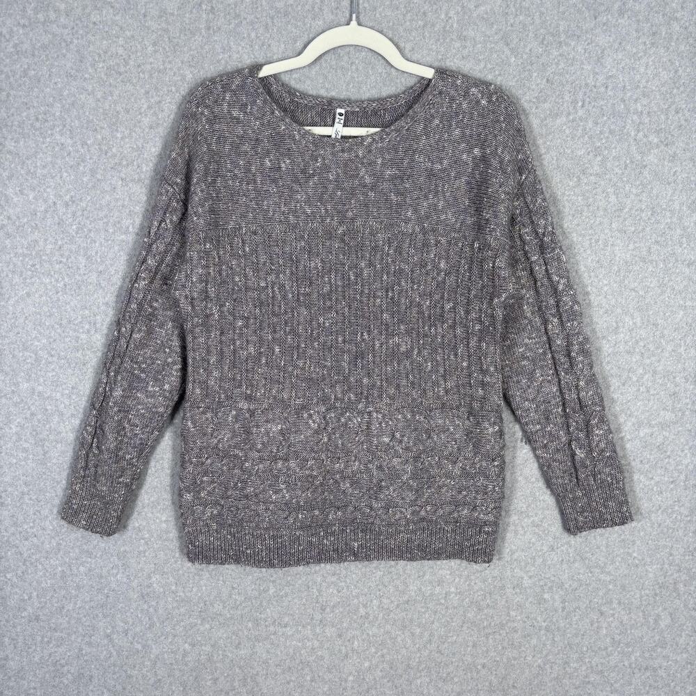 Leo & Nicole Sweater PL Gray Purple Cotton Wool Cable Ribbed Speckled Marled